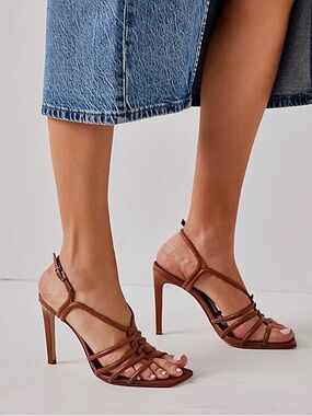 SCHUTZ New Wood Brown Octavia Calf Leather Strappy Stiletto Heel Sandal Size 8